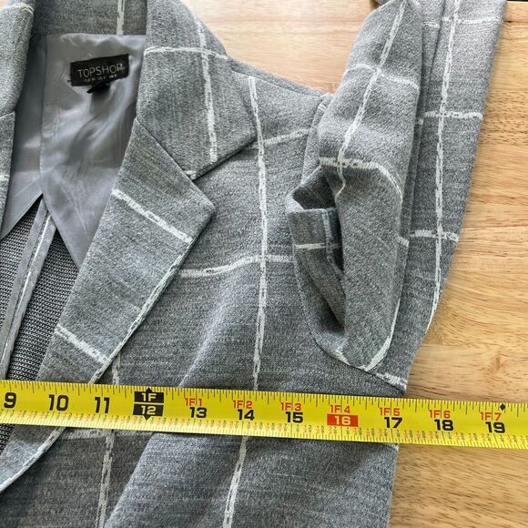 Topshop Gray Long Knit Blazer Jacket Windowpane Check Patch Pockets Size 4 - Picture 8 of 8